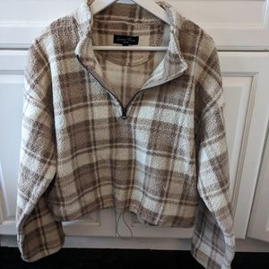 Love Tree cozy pullover medium plaid tan ivory medium